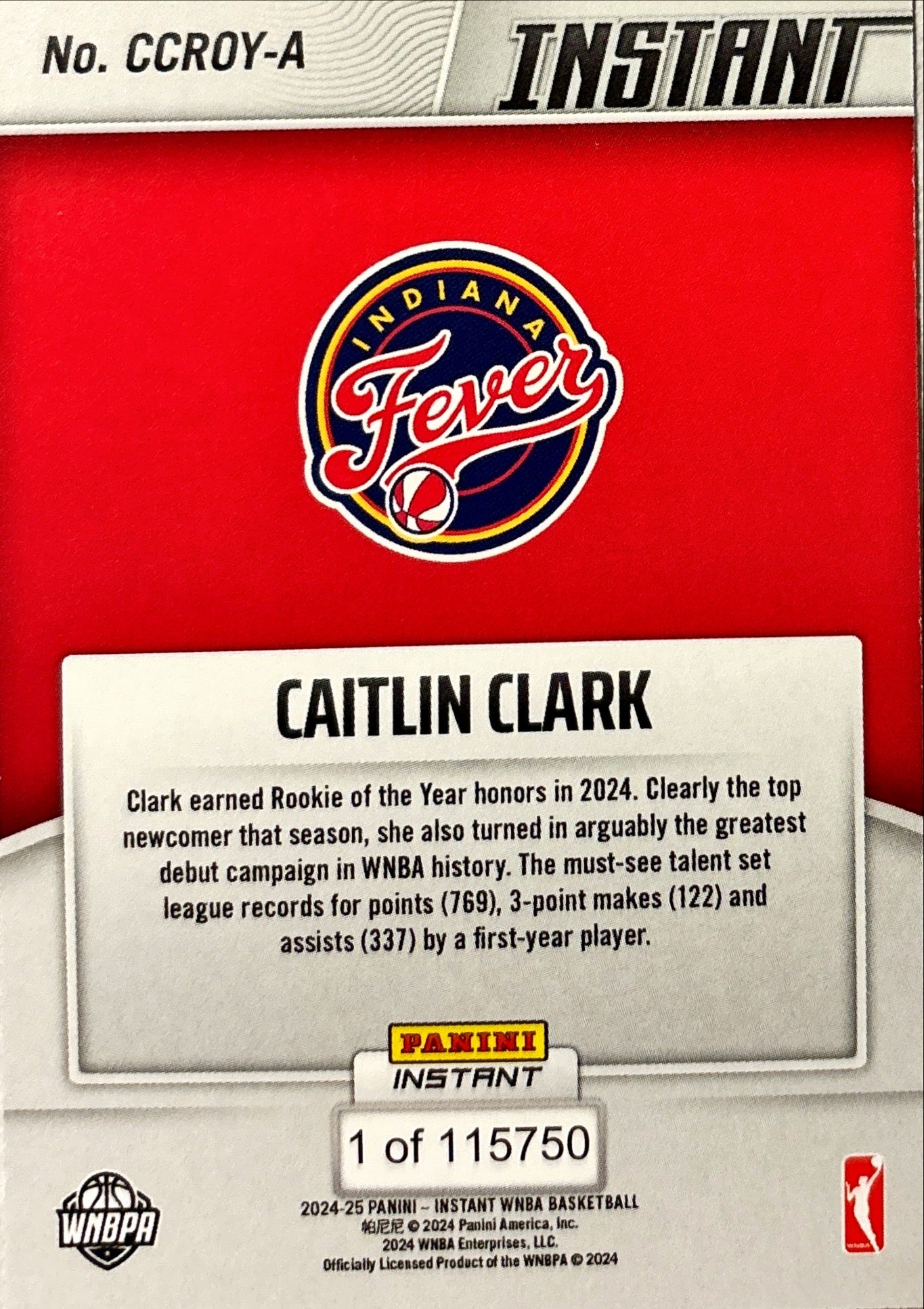 WNBA - Caitlin Clark - 2024 Panini Instant 'Rookie of the Year' Indiana Fever Basketball