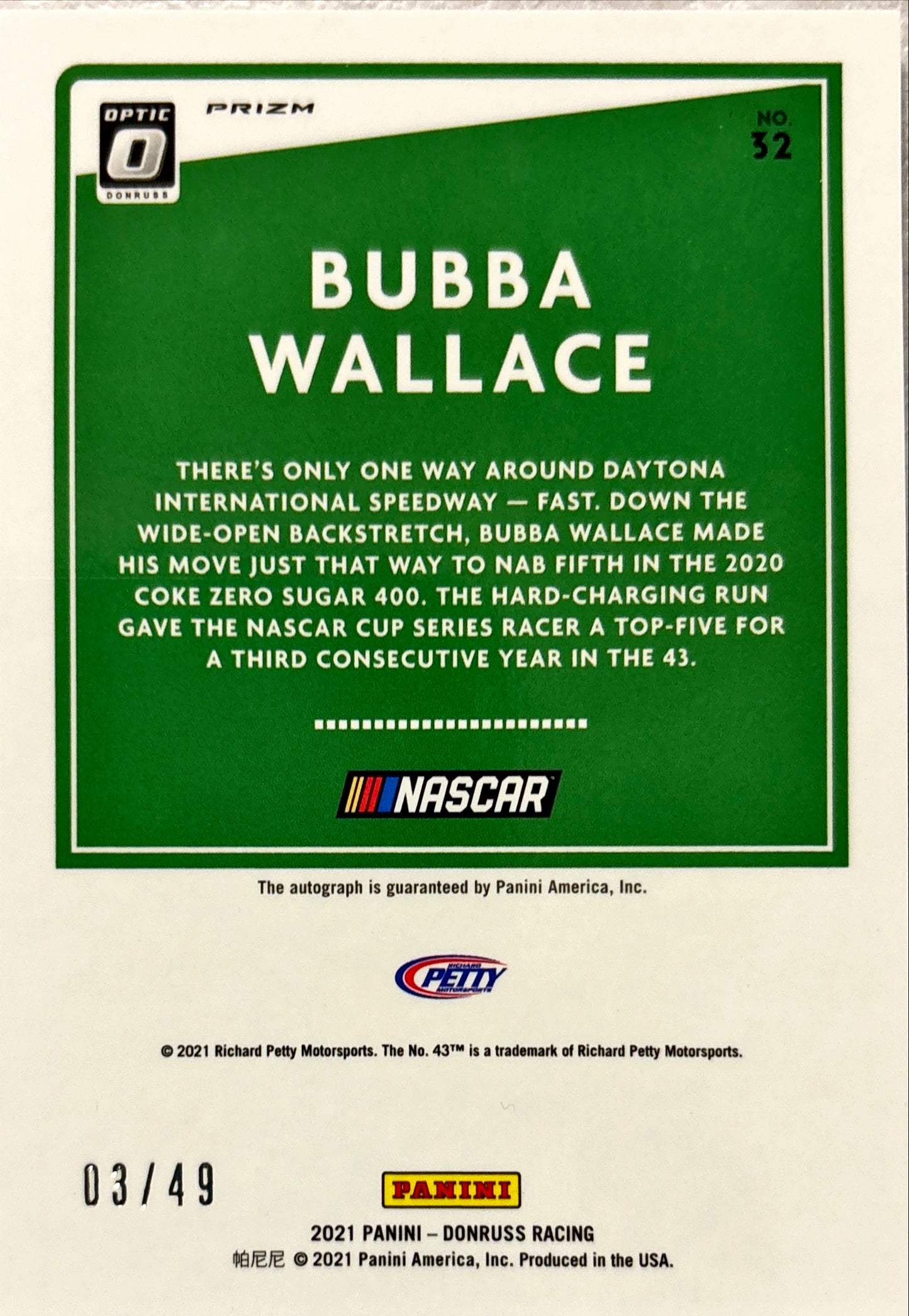 NASCAR - Bubba Wallace AUTO - 2021 Donruss Racing PRIZM Autograph /49