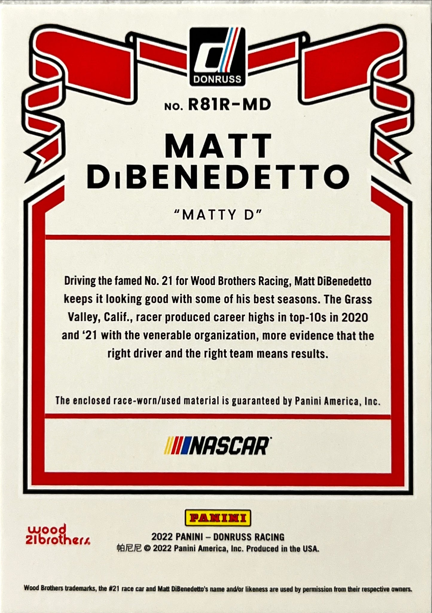 NASCAR - Matt DiBenedetto RELIC - 2022 Donruss Racing Retro Red Parallel Relic