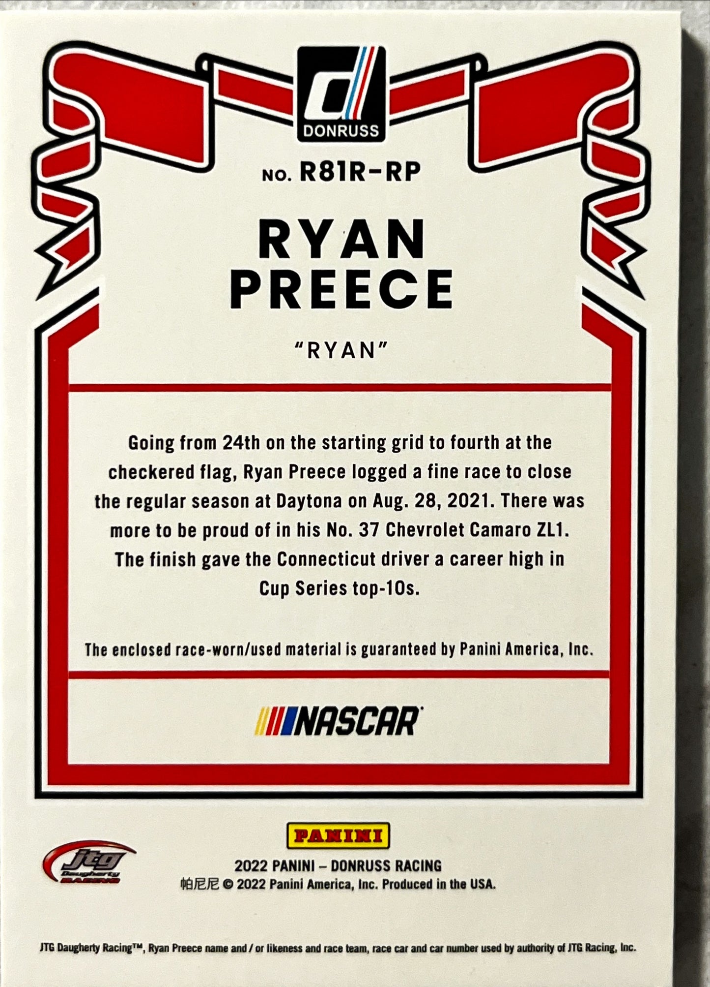 NASCAR - Ryan Preece RELIC - 2022 Donruss Racing Retro Relic Tire Patch