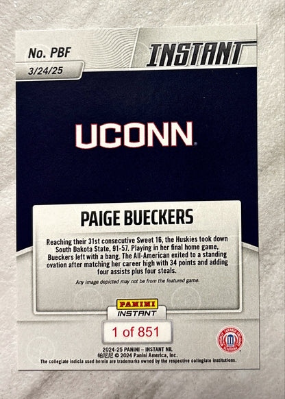 WNBA - Paige Bueckers - 2024 Panini Instant Rookie Card (RC) 'Hits High Note in Final Home Game' UConn Huskies
