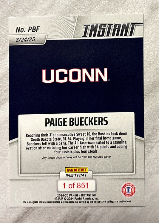 WNBA - Paige Bueckers - 2024 Panini Instant Rookie Card (RC) 'Hits High Note in Final Home Game' UConn Huskies