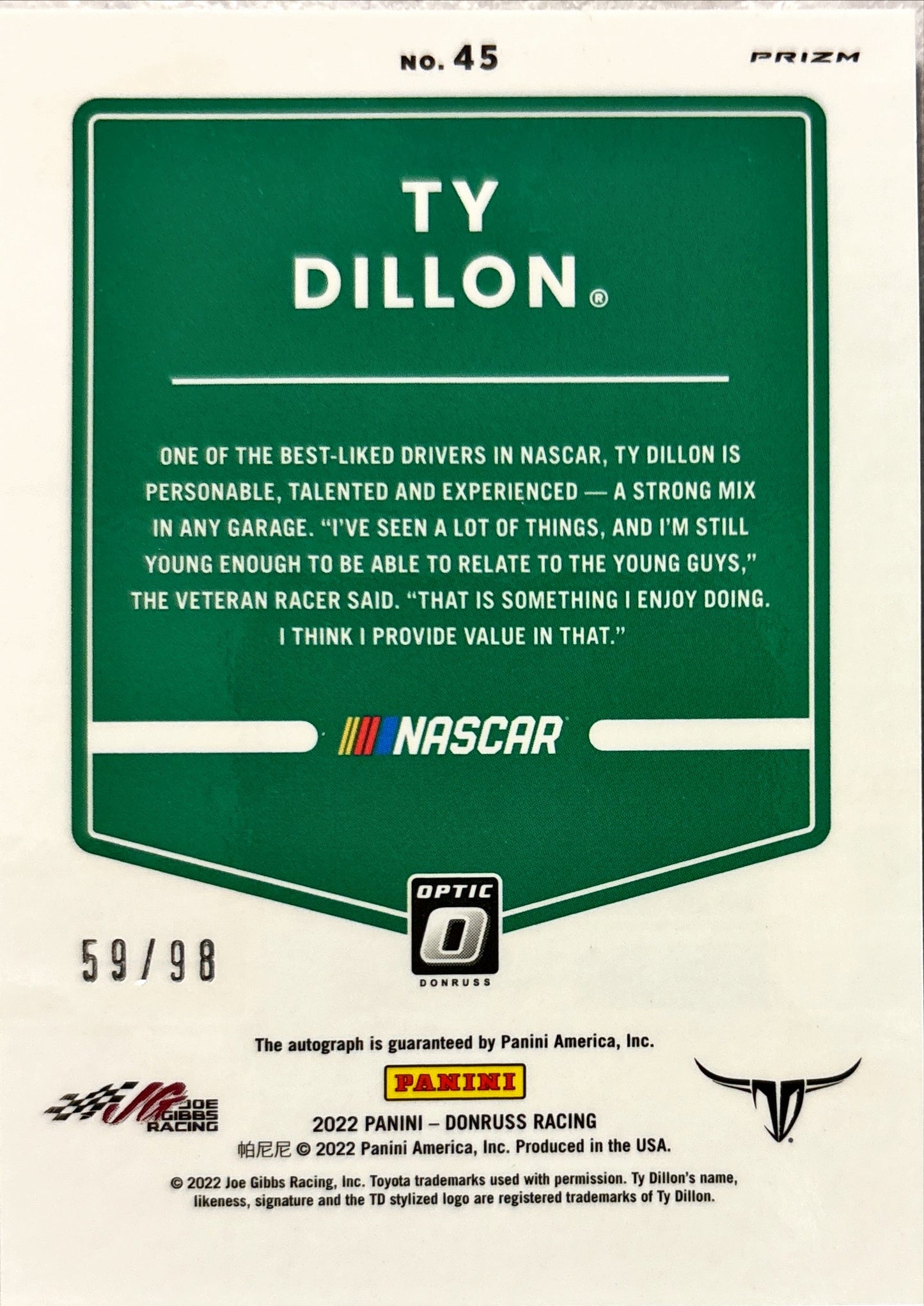 NASCAR - Ty Dillon AUTO - 2022 Panini Prizm Racing Optic Prizm /98