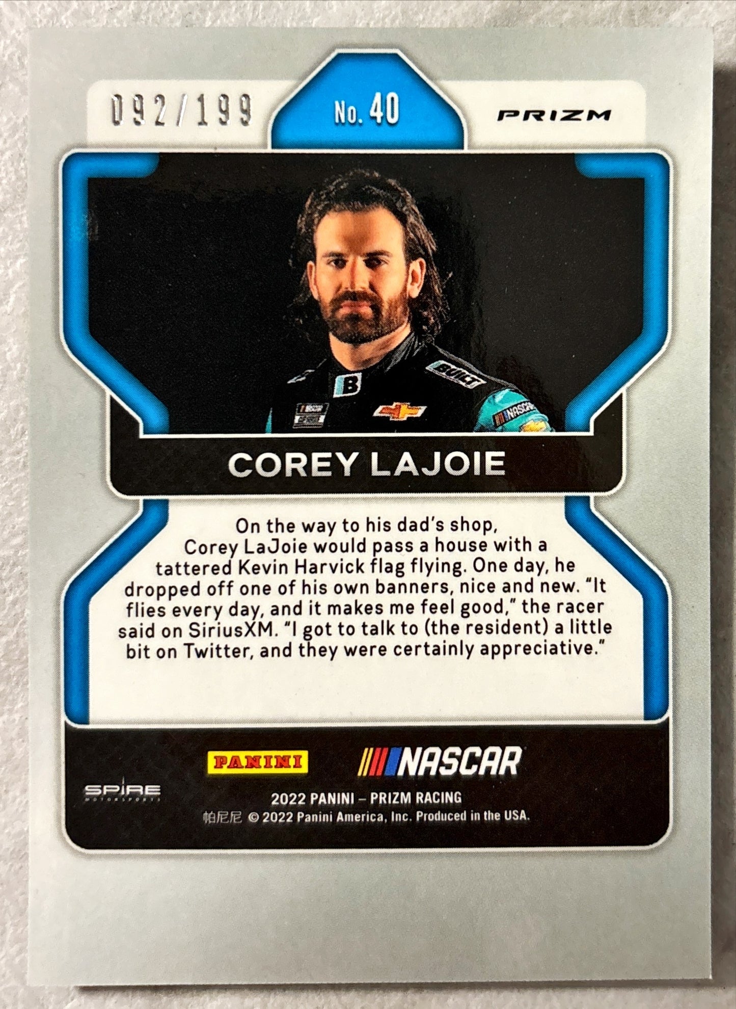 NASCAR - Corey Lajoie - 2022 Panini Prizm Racing 'Purple Velocity' Prizm /199