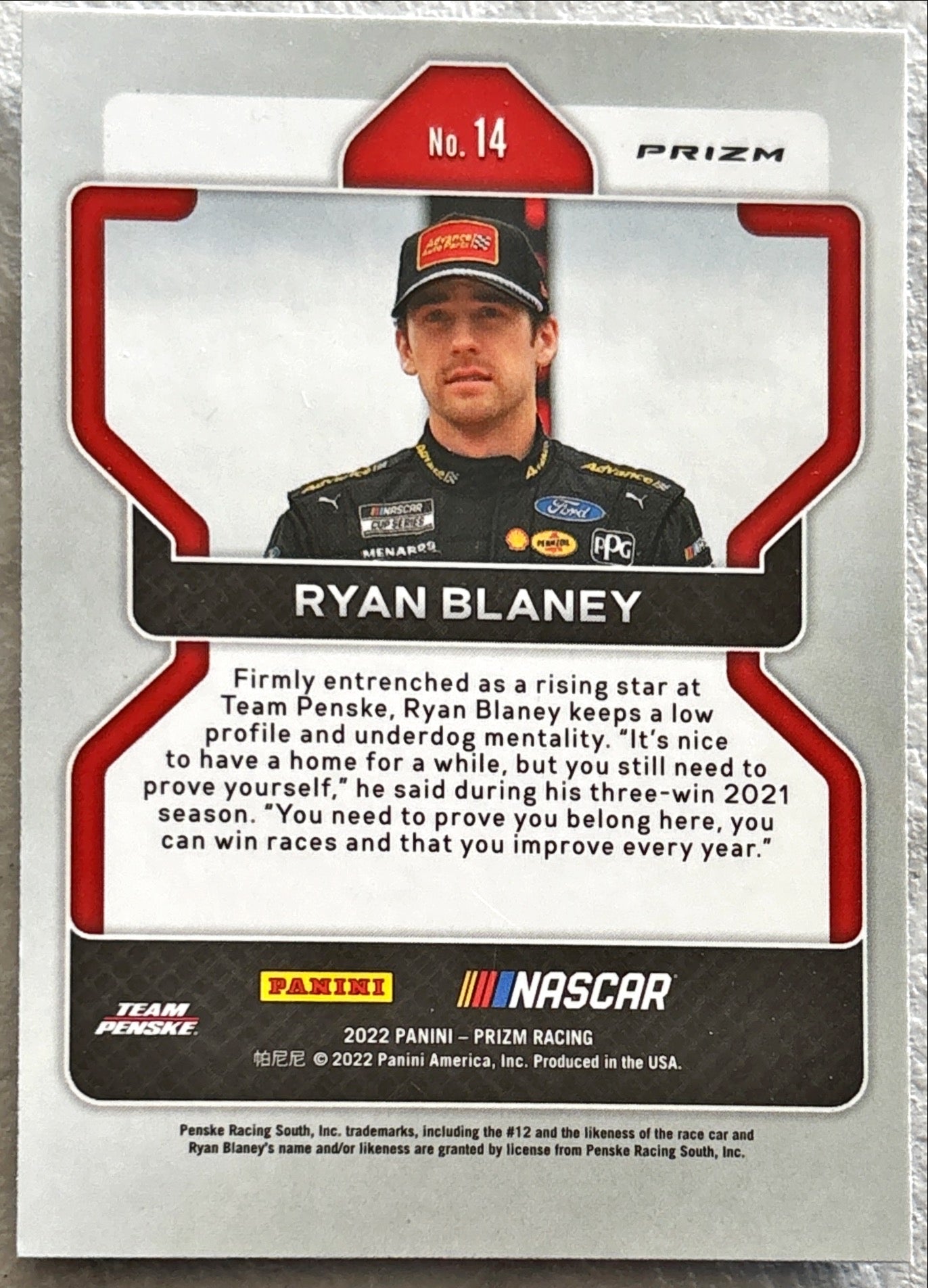 NASCAR - Ryan Blaney - 2022 Panini Prizm Racing 'Hyper Blue' Prizm