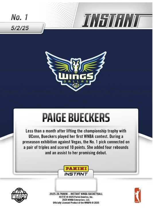WNBA - Paige Bueckers - 2025 Panini Instant "WNBA Preseason Debut" Rookie Card (RC) Dallas Wings